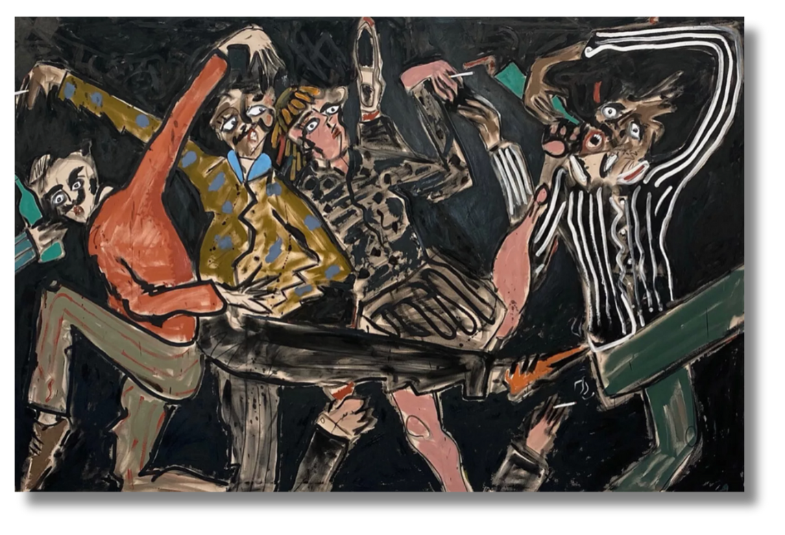 Expressive painting by a British contemporary artist featuring distorted figures in motion, capturing the raw energy of postwar British expressionism.