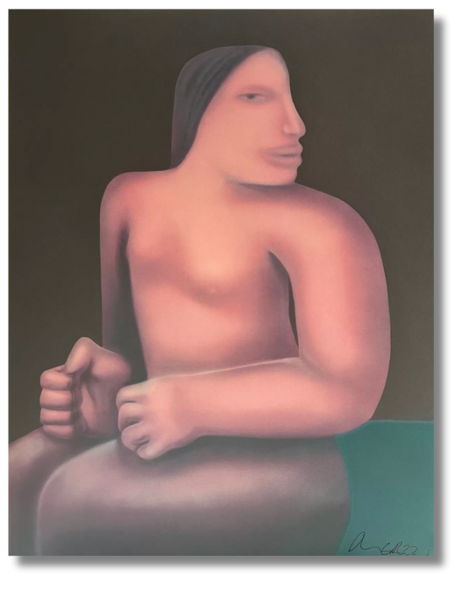 Stylized seated figure by a British contemporary artist, rendered in soft pinks with surreal, exaggerated features exploring identity.