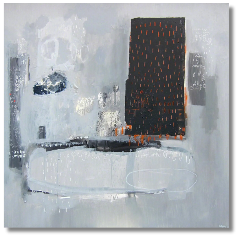 Layered abstraction with tonal restraint and coded markings, offering a poetic take on contemporary French materiality.