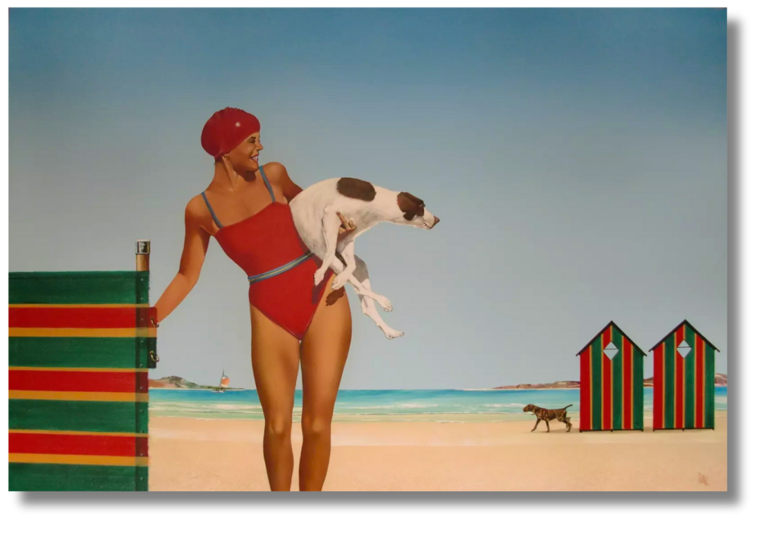 Hyper-realistic painting of a woman in a red swimsuit holding a dog, set against a pristine beachscape with striped huts, blending classic British seaside charm with polished contemporary technique.