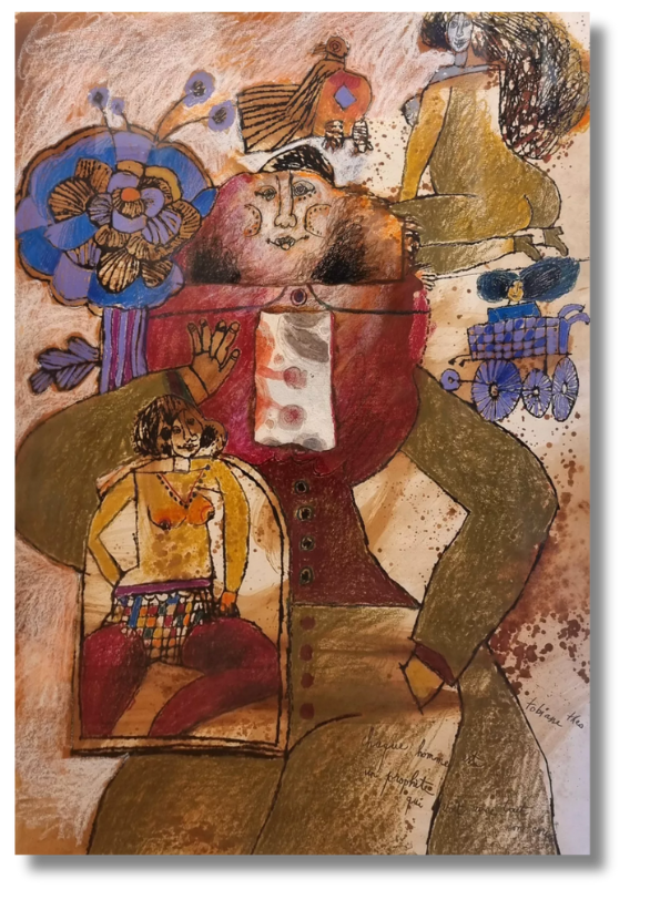 Mixed-media drawing of stylized female figures surrounded by floral motifs and surreal elements, combining cubist and expressionist influences.