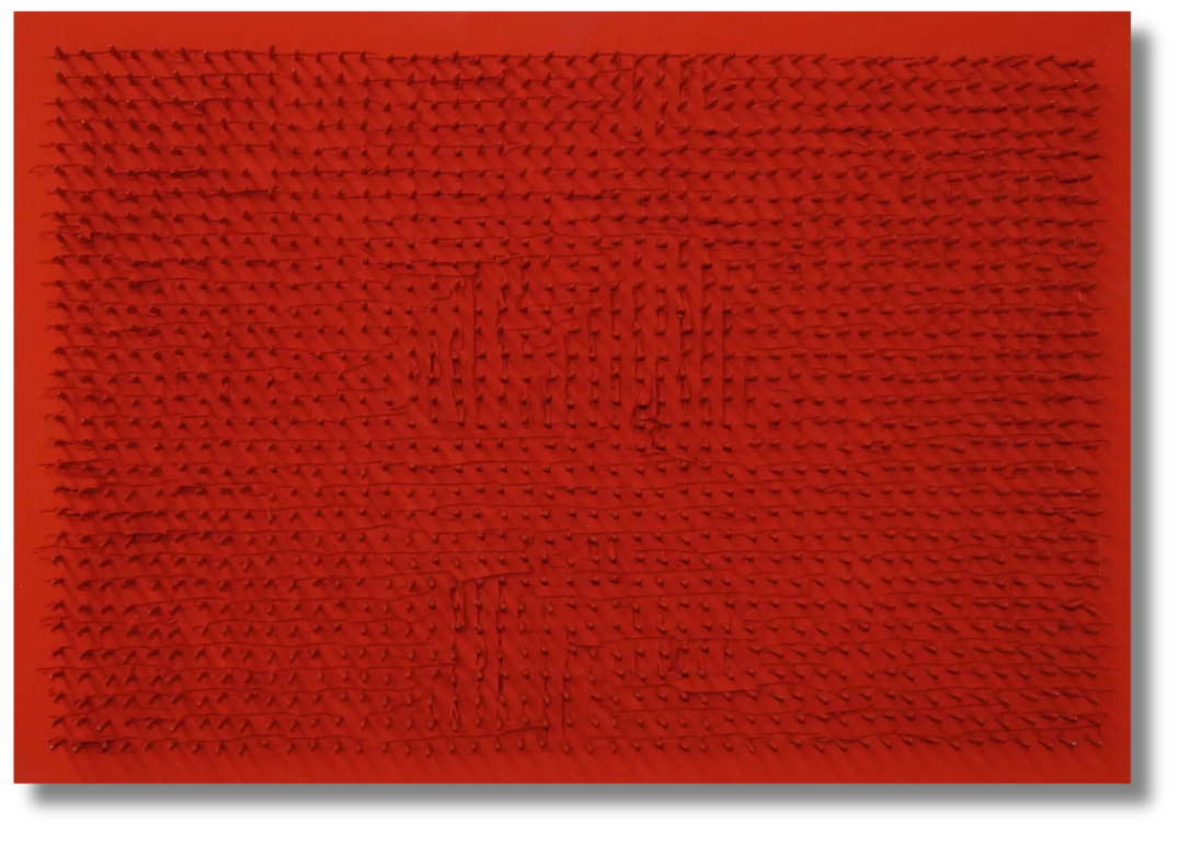 Monochrome red textural canvas composed of methodical, sculpted spikes creating a rhythmic surface pattern.