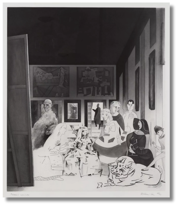 Black-and-white surrealist drawing of a crowded interior filled with iconic art references and figures, referencing the intellectual wit of British contemporary visual satire.