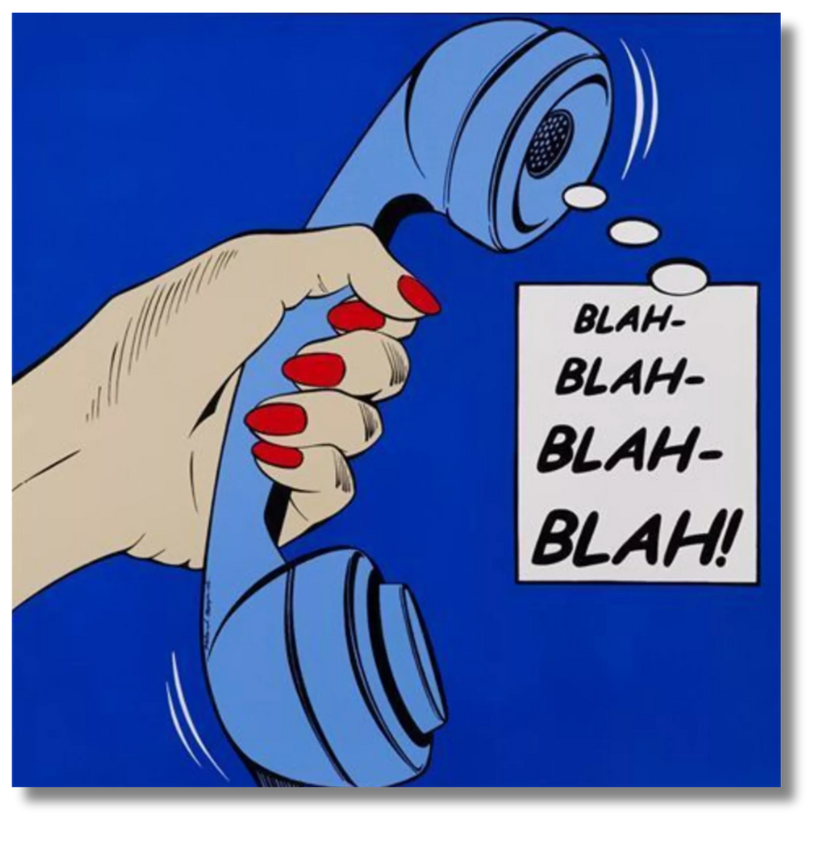 Bold pop-art style painting of a hand holding a vintage telephone receiver with speech bubbles, reflecting the graphic language of British contemporary artists influenced by mass media.