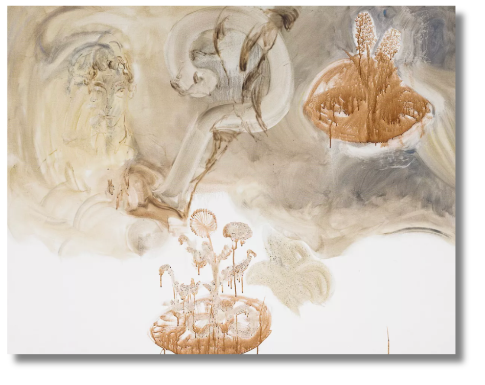 Ethereal abstract painting with earthy tones and botanical motifs, capturing a mystical narrative within British contemporary painting traditions.
