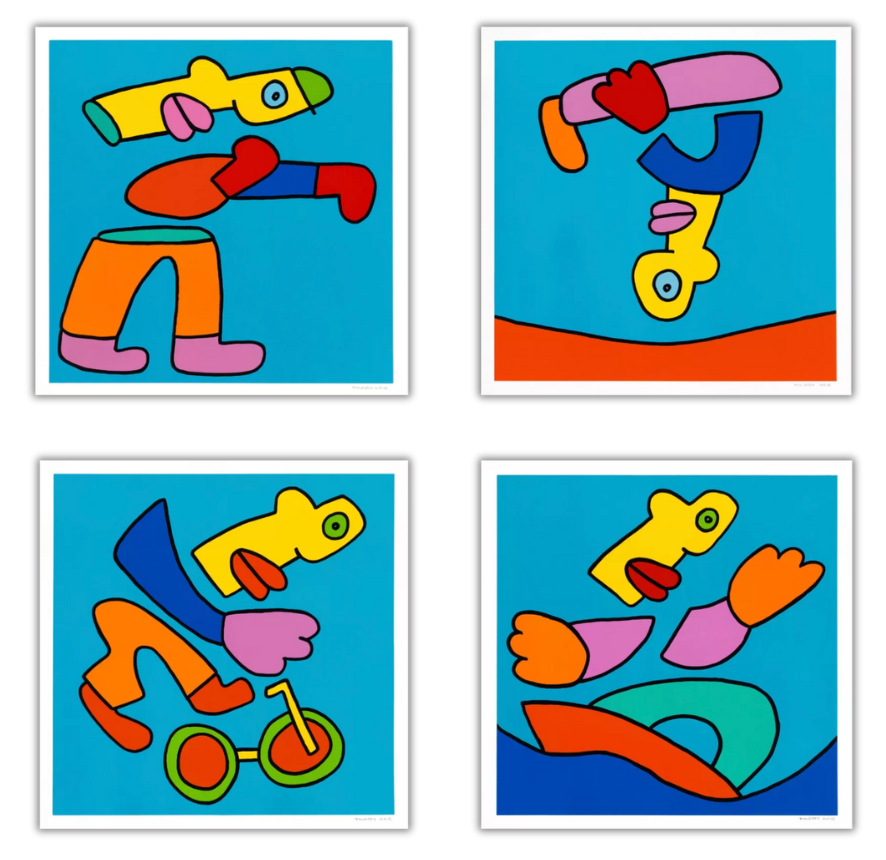 Series of four playful, abstract figure compositions in vibrant primary colors against turquoise backgrounds.