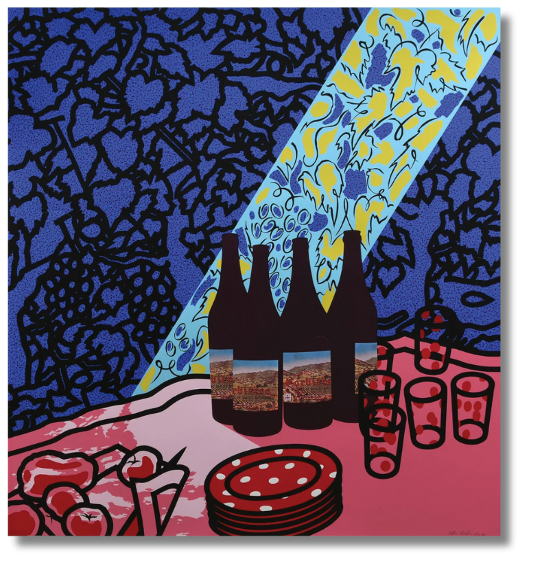 Vivid pop-art piece of wine bottles and glasses on a patterned table, layering British nostalgia with a modern graphic flair.