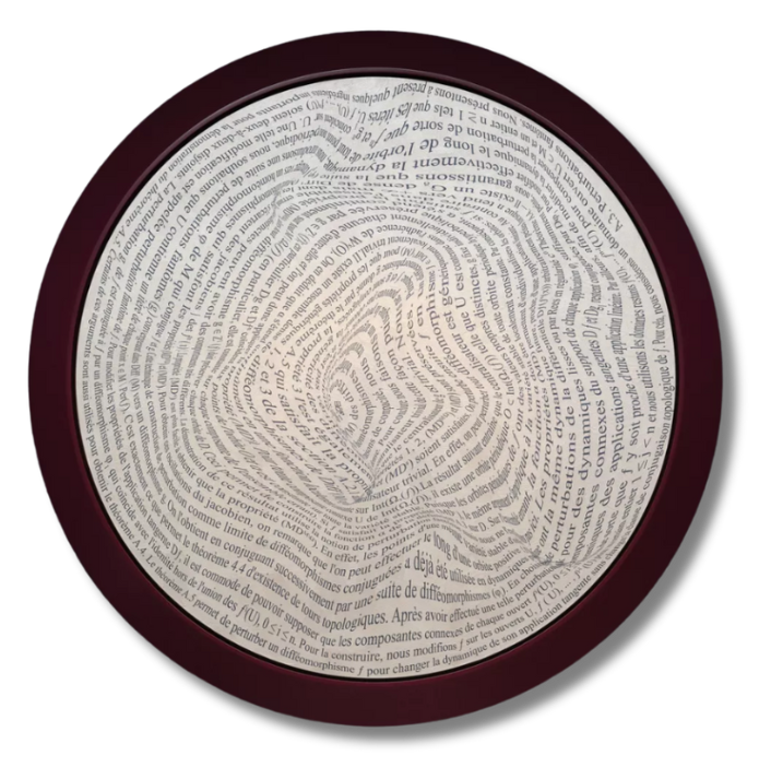 Circular typographic artwork featuring warped French text in a spiral, creating a hypnotic, optical illusion.