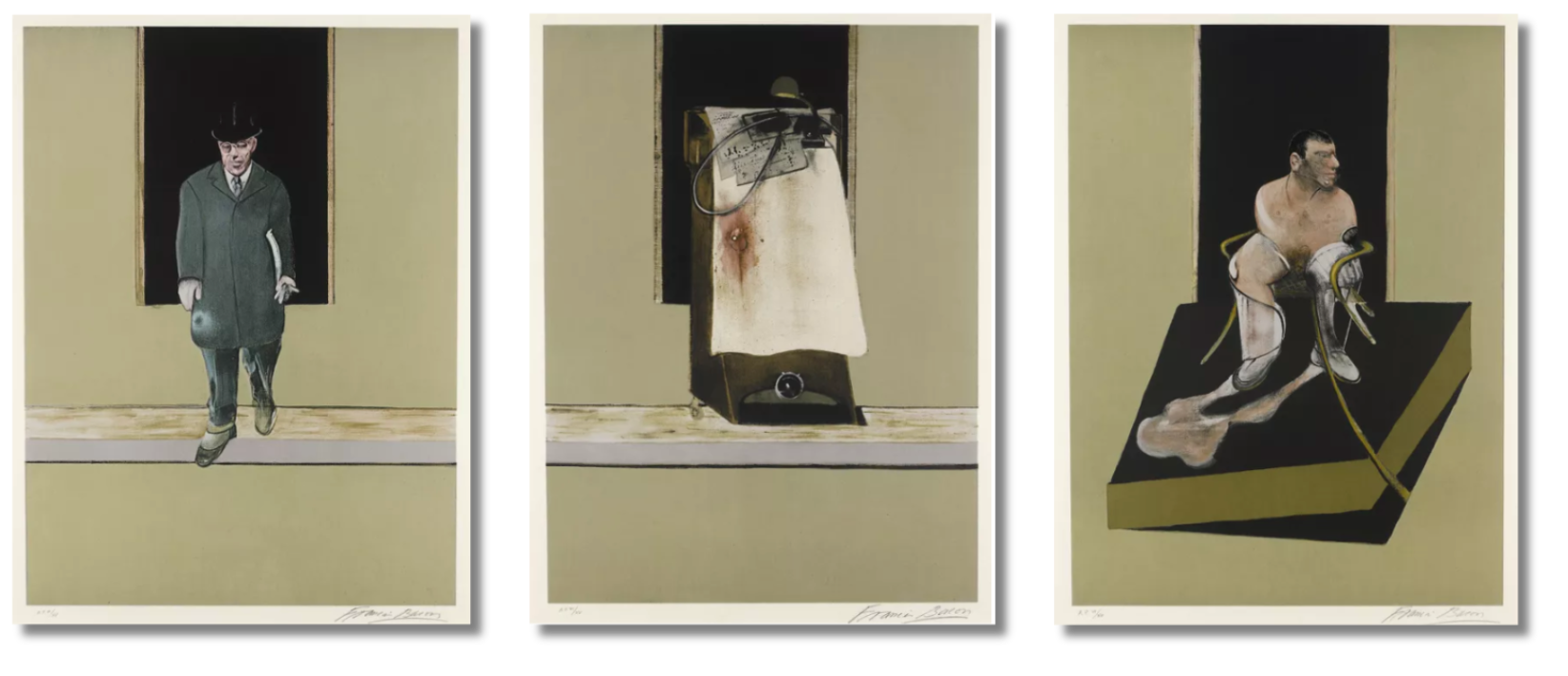 Triptych by Francis Bacon depicting a suited figure, visceral imagery, and seated male form—an iconic example of British contemporary psychological portraiture.