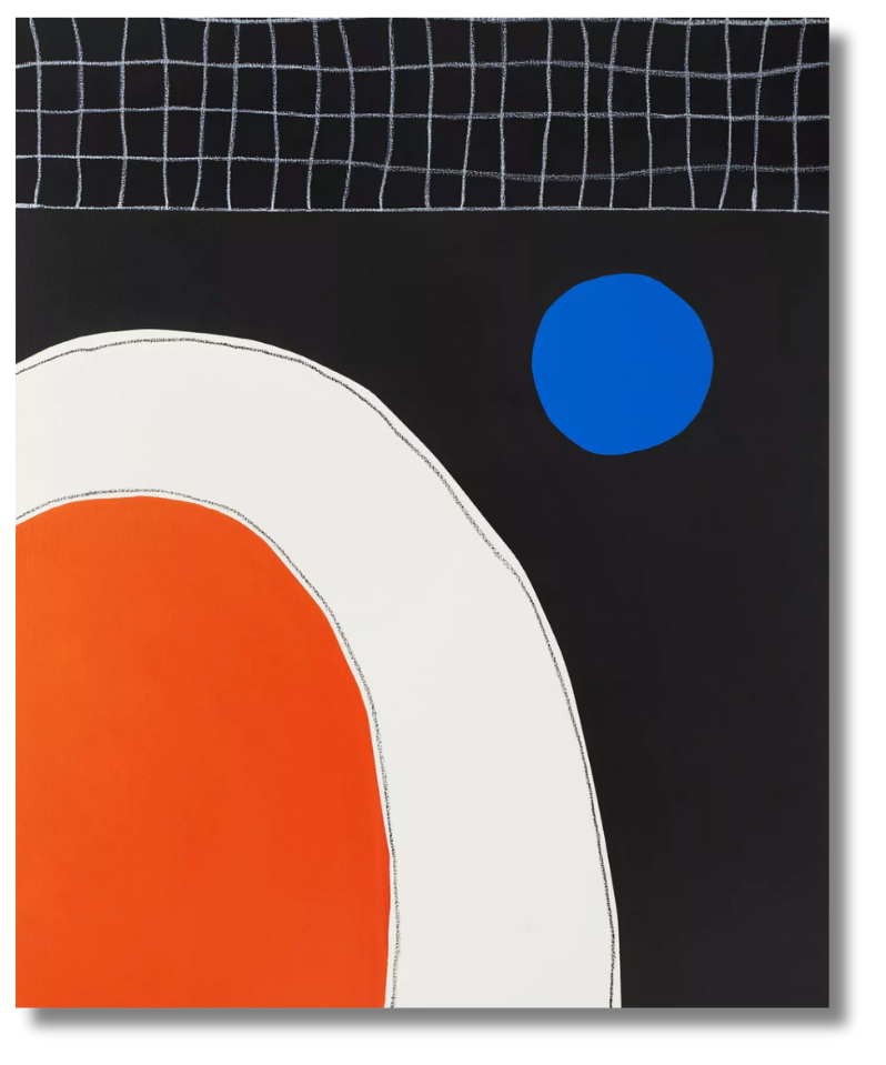 Abstract composition with a bold white and orange form contrasted against a black background and blue circular accent.