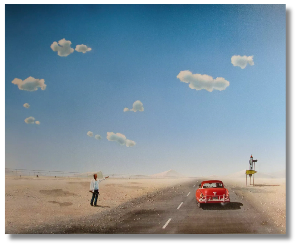 Surreal painting of a man standing on a barren road with a vintage car and whimsical clouds overhead, emblematic of British humor and minimal narrative surrealism.