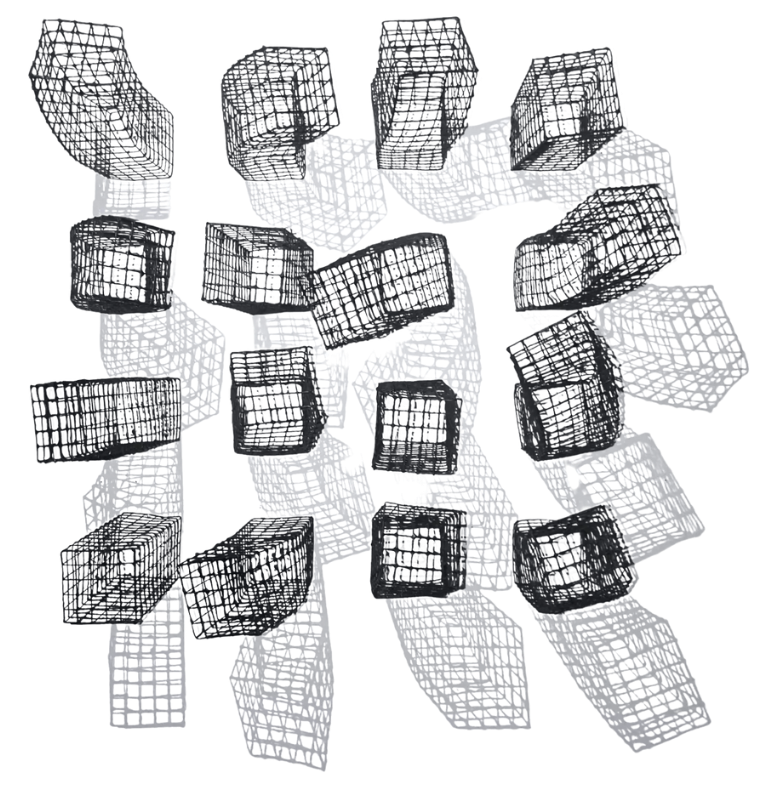Sculptural wall installation featuring black and white interwoven mesh cubes, forming a flowing, organic pattern.