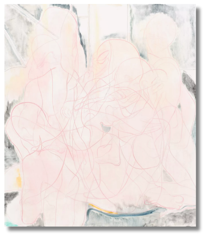Pale-toned figurative abstraction of overlapping feminine forms with pink linework, illustrating the softer, layered side of British contemporary figurative art.