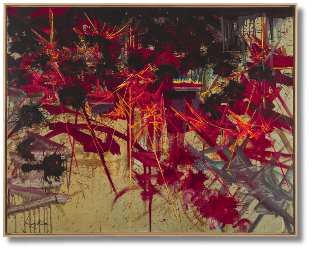Energetic abstract expressionist painting with intense crimson and black brushstrokes intersected by bursts of orange on a neutral ground.
