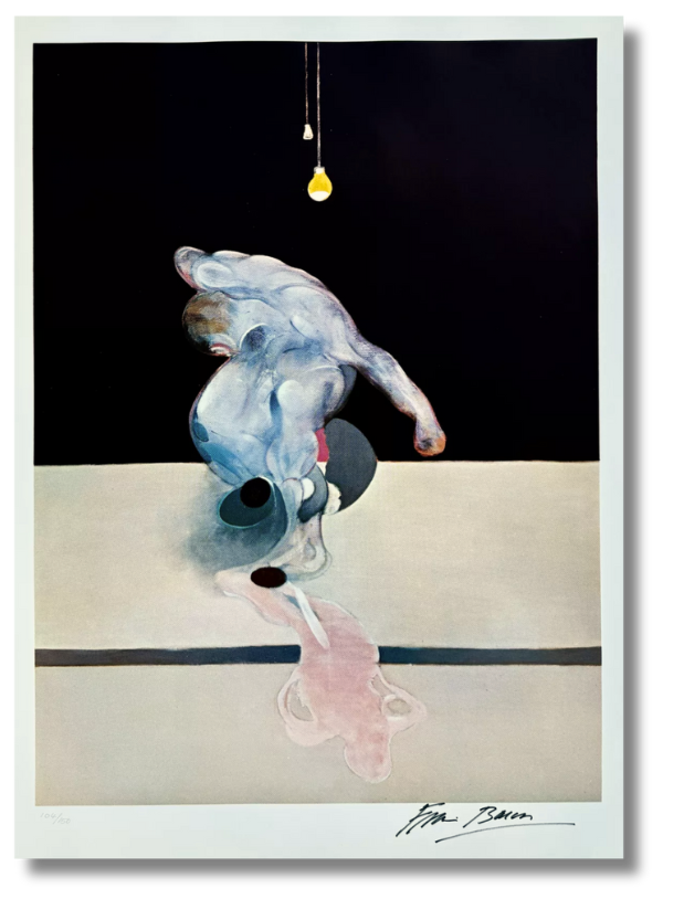 Francis Bacon print showing a contorted nude figure beneath a lightbulb, an iconic work from the canon of British contemporary artists.