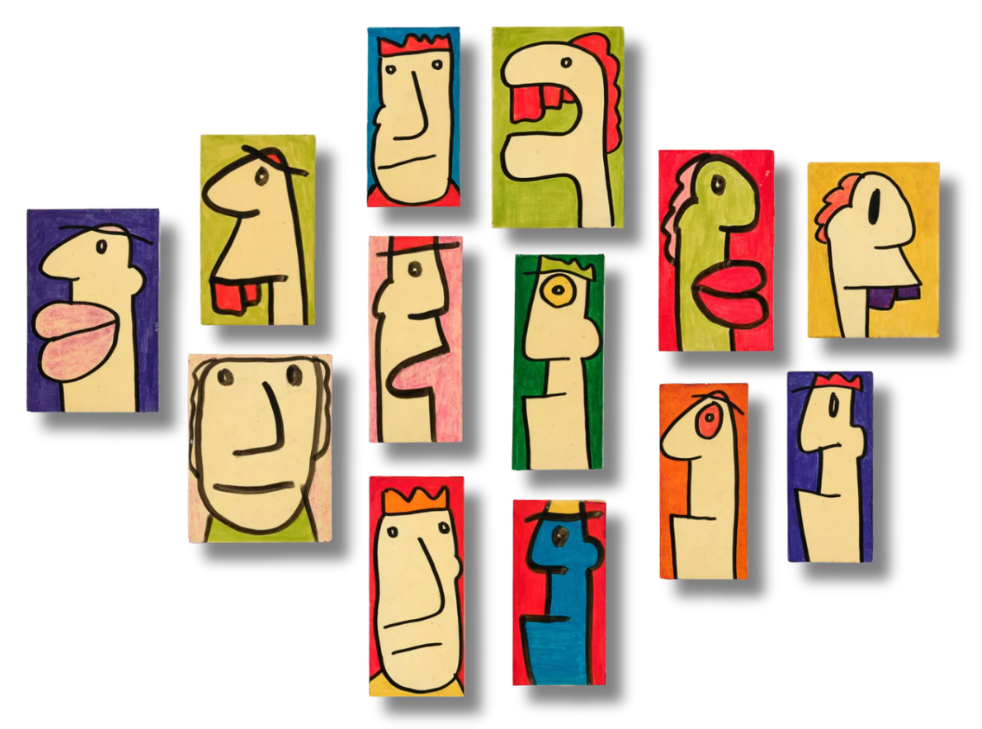 Playful portrait study composed of bold shapes and expressive lines, echoing the graphic sensibilities of modern French artists.