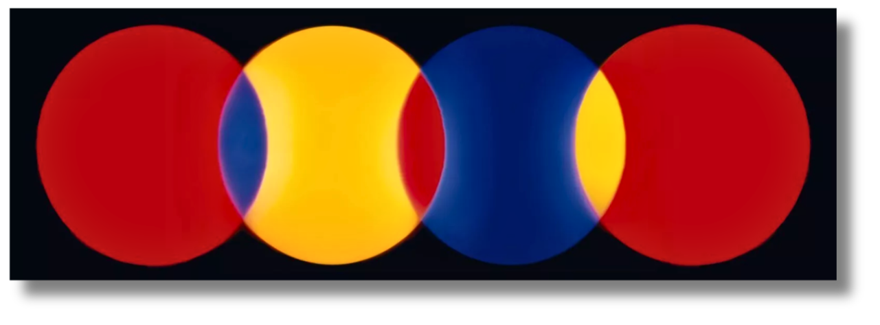 Color study of overlapping red, yellow, and blue circles on black, showcasing optical play and color theory in British contemporary abstraction.