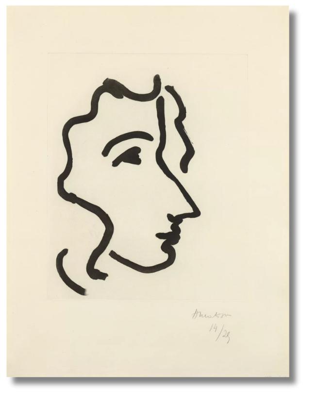 Minimalist line drawing of a female profile by Henri Matisse, expressing elegance and clarity through fluid contour.