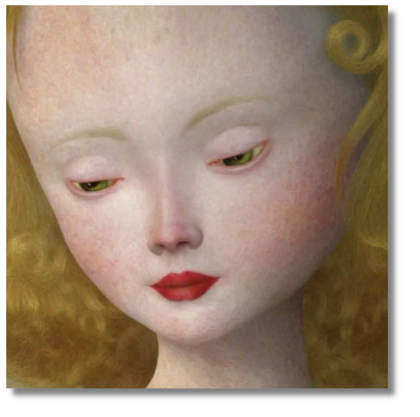 A hyper-stylized painting of a pale-faced woman with red lips, blonde curls, and half-closed eyes, evoking a dreamy, melancholic mood.
