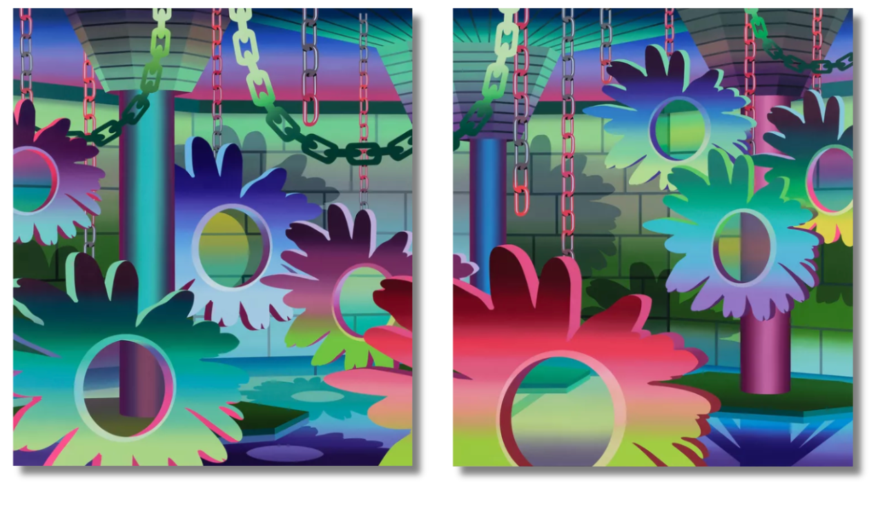 A dreamlike, chromatic installation of suspended floral rings and industrial chains—a digital fantasy echoing the French tradition of reimagining space through vibrant surrealism and playful abstraction.