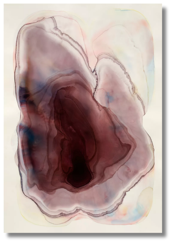 A large-scale abstract work resembling agate or a topographic map, composed of deep burgundy and translucent pink washes with hints of blue and amber.