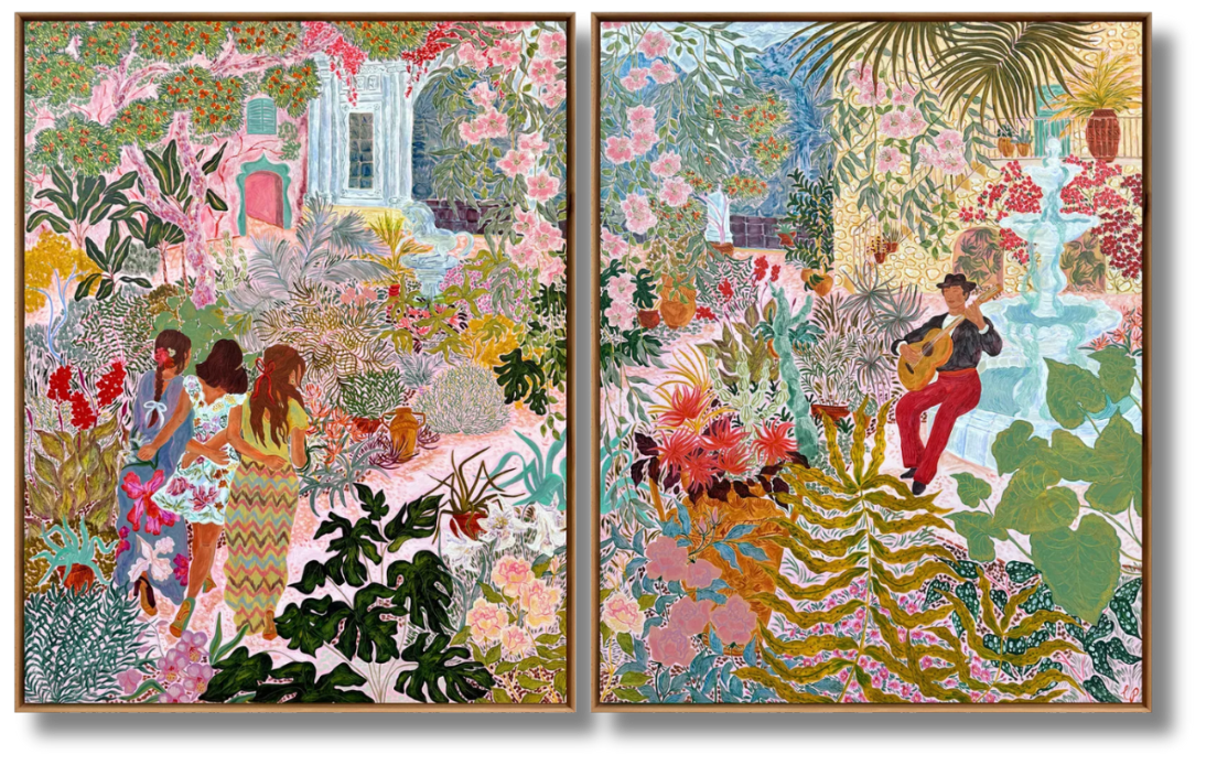 A two-panel painting depicting women walking through a lush, tropical garden filled with vibrant florals, foliage, and a musician by a fountain.