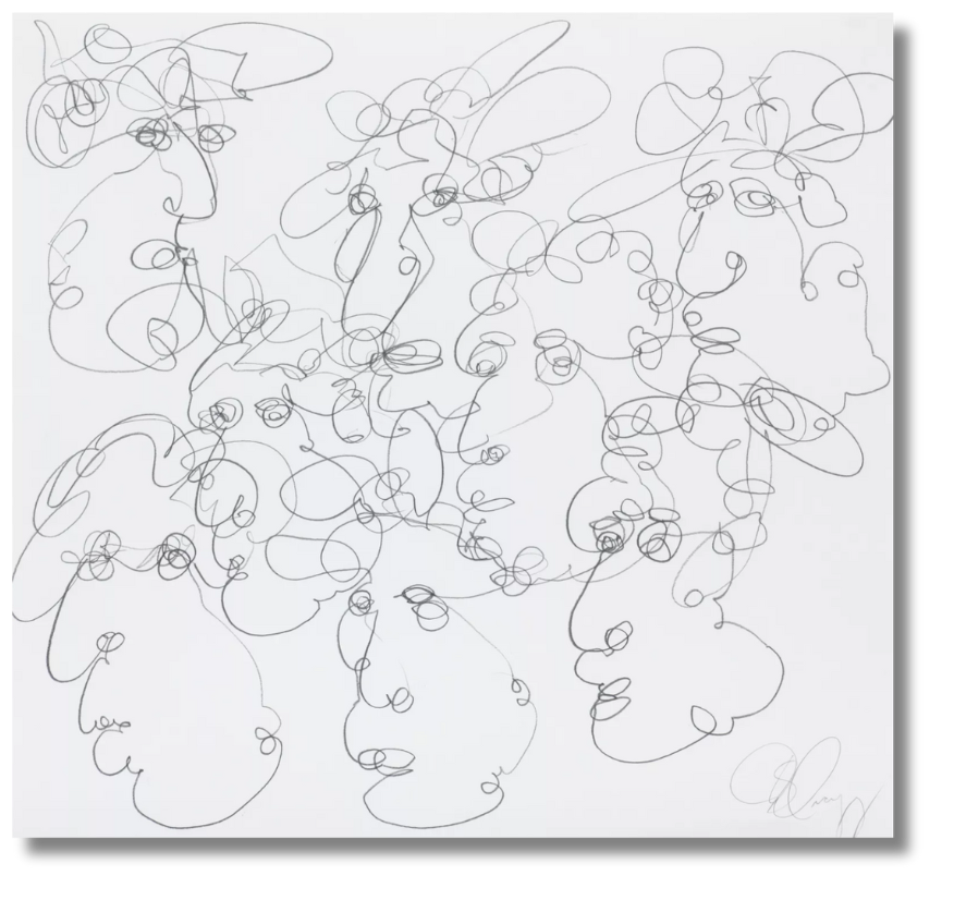 A black continuous line loops to form multiple abstract human faces over a stark white background, suggesting unity and flow.