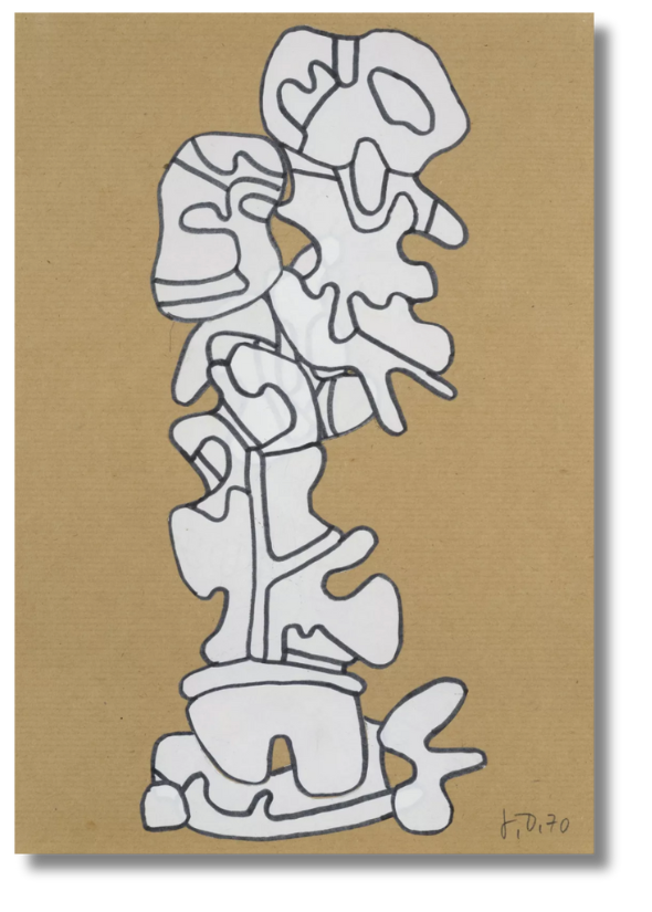 An abstract organic drawing in white on tan paper, stacked like a totem—reminiscent of Jean Dubuffet’s Art Brut, celebrating the raw, instinctual essence of form.