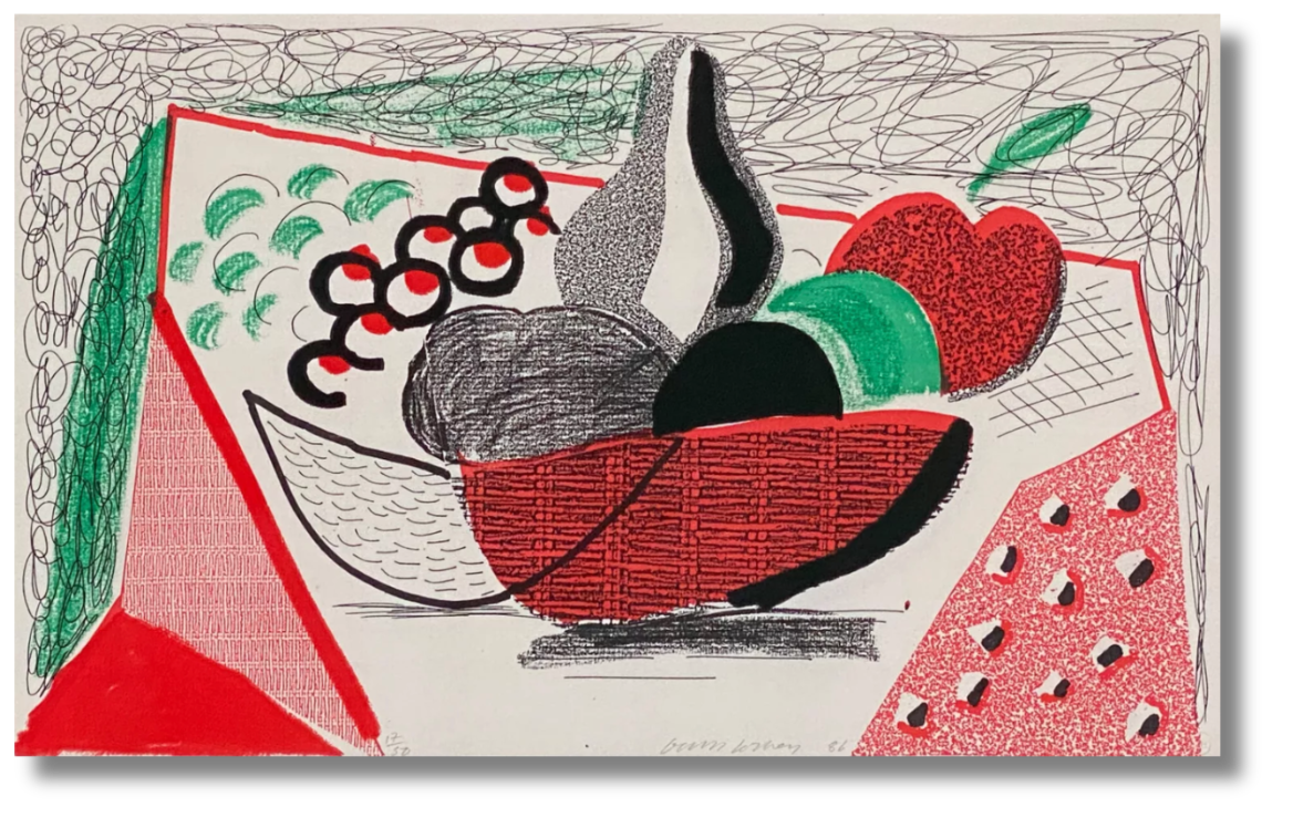 A bold, graphic composition of fruit in a red basket, surrounded by decorative patterns by David Hockney.