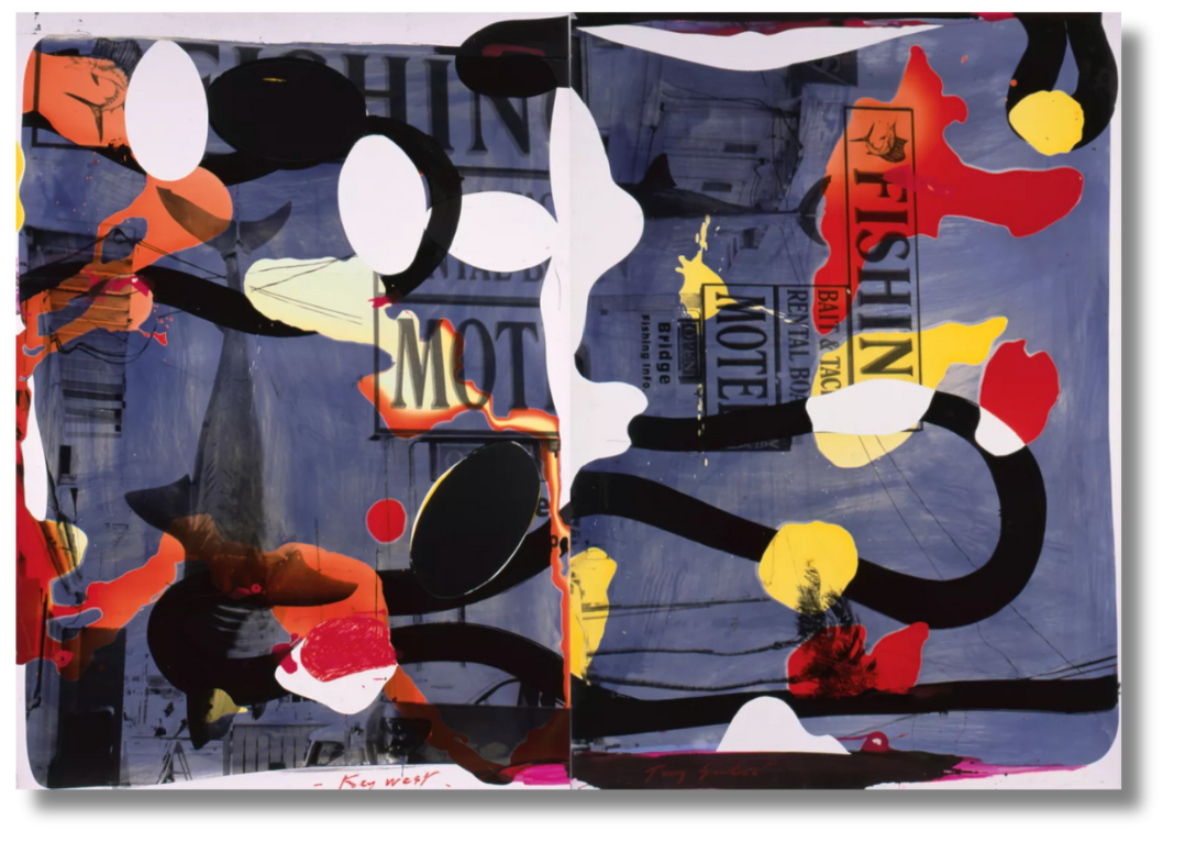 A bold pop-collage of motel signage and abstract overlays, blending text, Americana, and brushstrokes in a neo-expressionist style—a nod to the global dialogue between French Figuration Libre and American Pop.