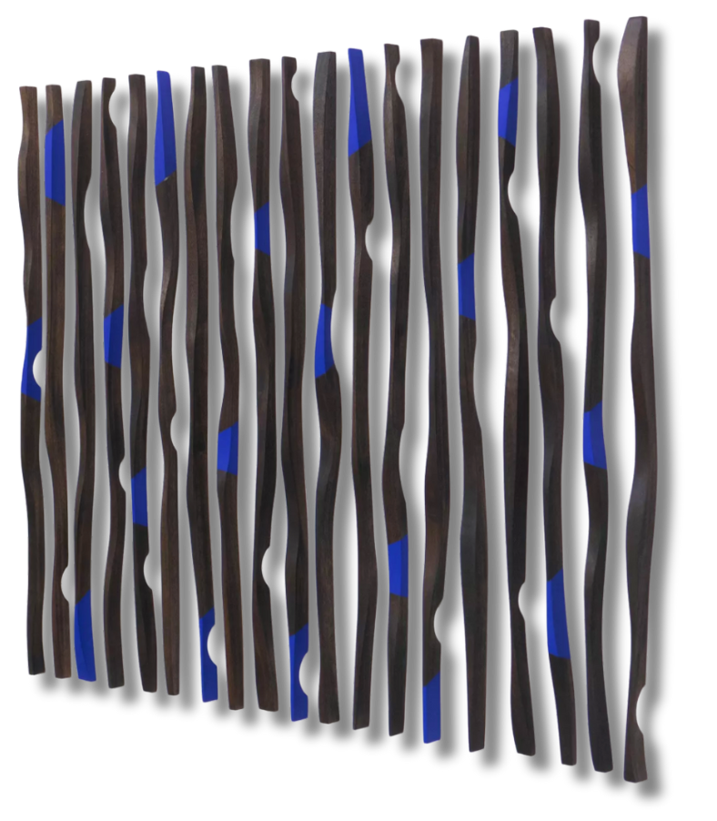A rhythmic wall sculpture of undulating wooden slats with cobalt blue accents, channeling the purity of form and material often explored by French Constructivists and modernists.