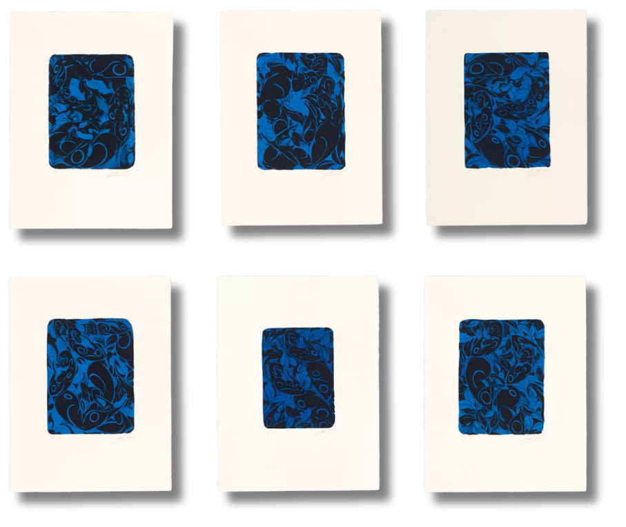 A grid of six prints featuring intricate organic shapes in navy and electric blue on white backgrounds, evoking underwater life.