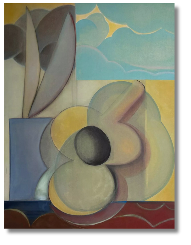 A serene, geometric still life of stylized floral forms and a sky filled with soft clouds, echoing the Cubist lineage and lyrical modernism of 20th-century French painting.