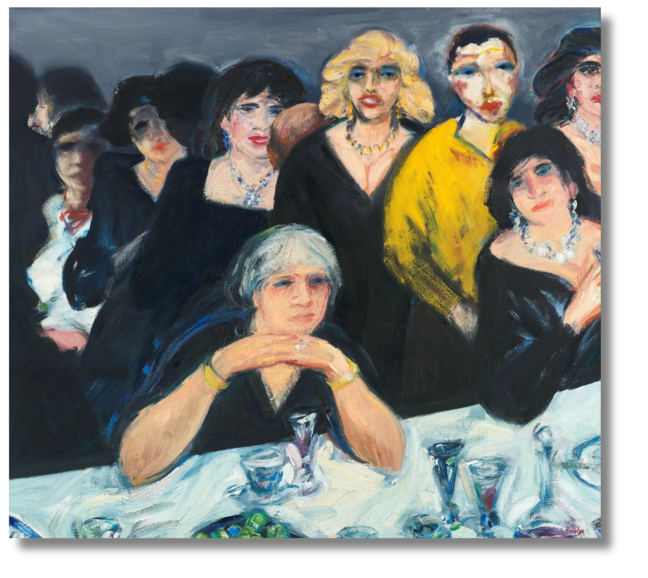 A painting of women in black dresses and jewelry gathered around a table, with one older woman in the foreground appearing contemplative.