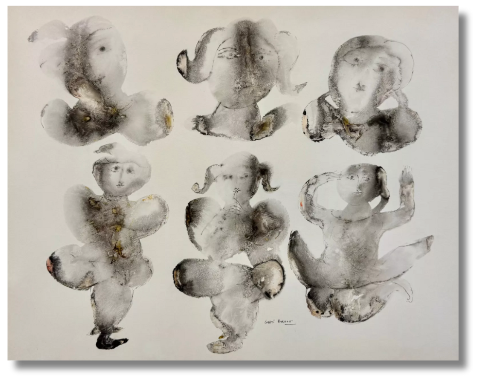 Six ghostly, childlike figures rendered in smoky grays and subtle washes, evoking the charm and melancholy of Cocteau’s line work with a contemporary twist.