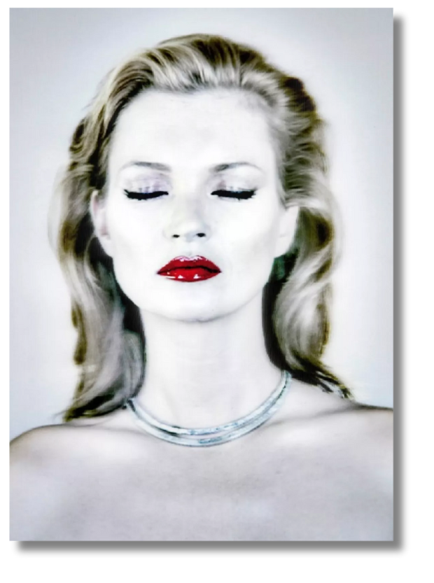 A stylized photo of a woman with pale skin and bright red lipstick, eyes closed, wearing a silver necklace against a soft background.