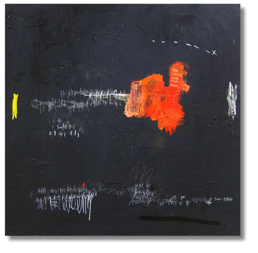 A textured black canvas with a burst of fiery orange and scribbled markings, reminiscent of Cy Twombly’s time in France, where gestural abstraction meets poetic language.
