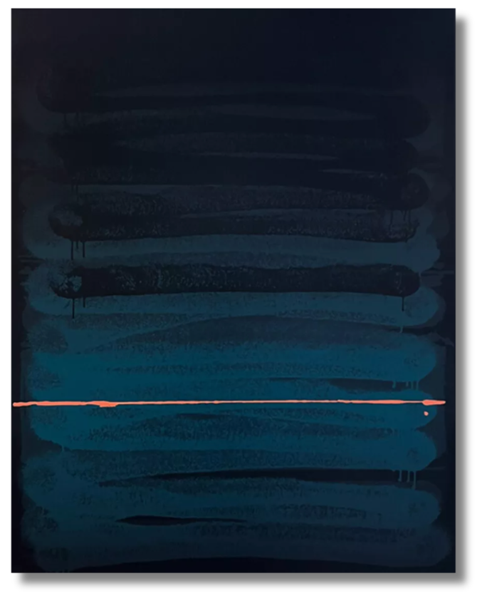 A minimalist French abstraction where rich indigo layers are pierced by a single red line—suggesting the tension between control and spontaneity in modern French expression.