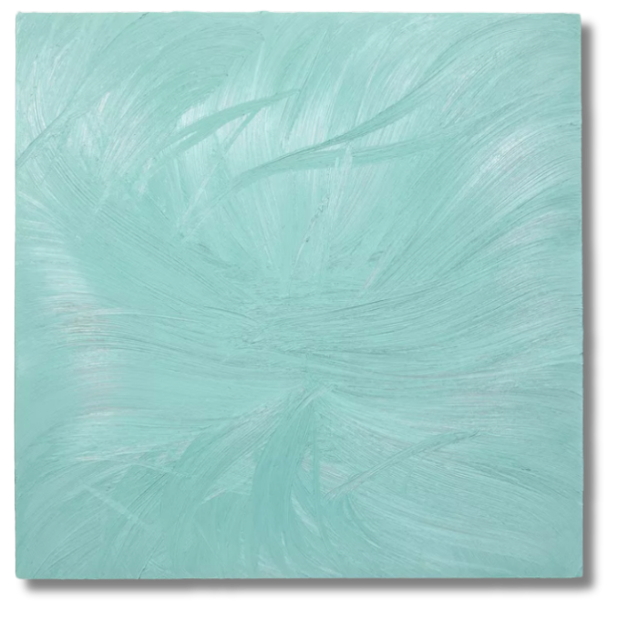 An abstract painting in a mint green hue, created with sweeping, textured brushstrokes that radiate from the center.
