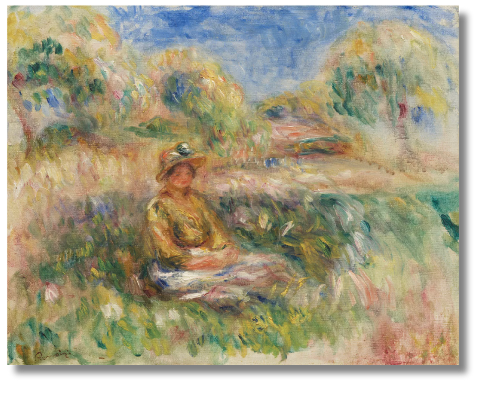 A luminous impressionist painting of a woman nestled in a sun-dappled French garden, evoking the gentle brushwork and pastoral themes of Pierre-Auguste Renoir.