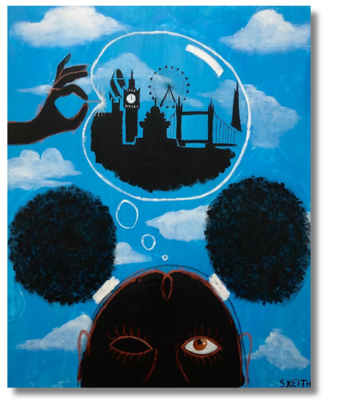 A whimsical portrait of a figure with afro puffs, gazing upward at a thought bubble containing London landmarks against a bright blue sky.