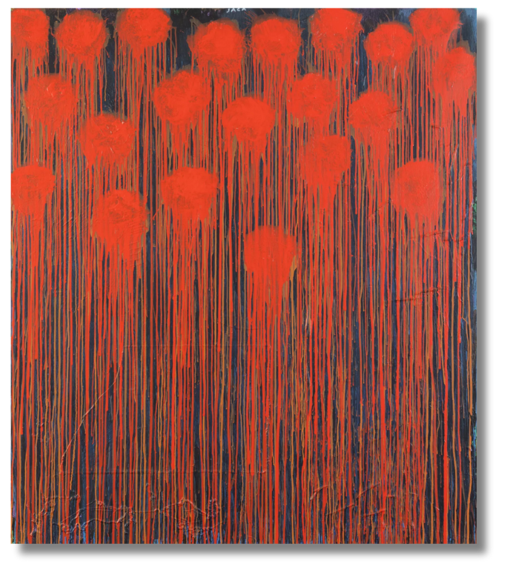 An intense display of crimson blooms cascading like memories on a black field, reflecting post-war French abstraction and the emotional weight of gesture.