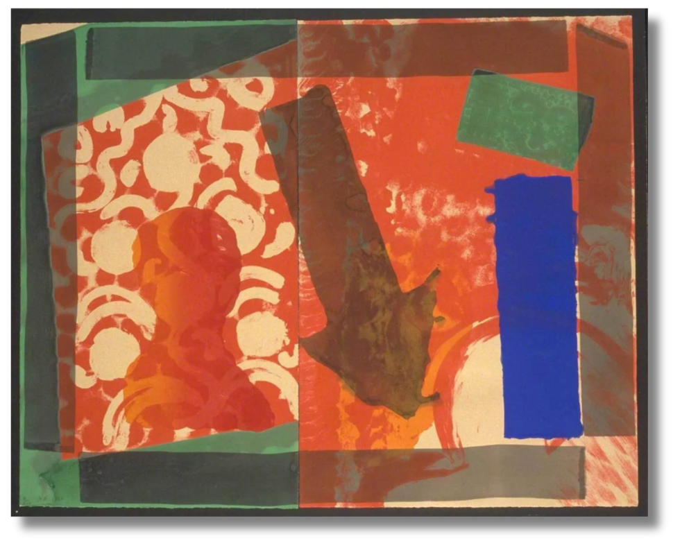 A layered collage-style composition with bold geometric shapes and stenciled patterns in red, green, brown, and electric blue.