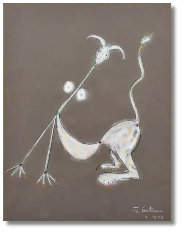 A playful, surreal character drawn in fine white lines on gray, channeling Jean Cocteau’s mischievous fusion of myth and modernity.
