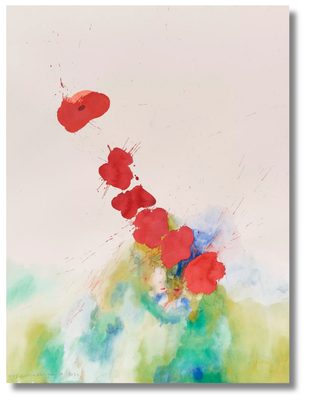 A delicate watercolor painting with red floral-like splashes floating above a wash of green, blue, and yellow tones.
