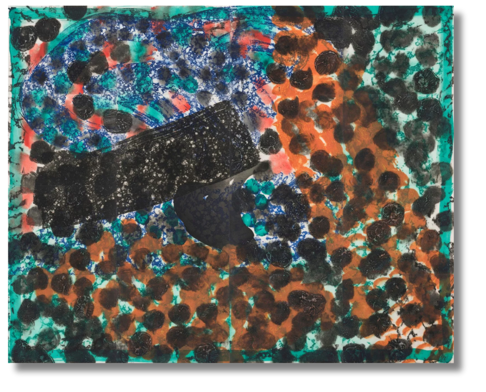 A vibrant abstract artwork made with thick dot patterns in black and orange over a base of blue and green brushstrokes.