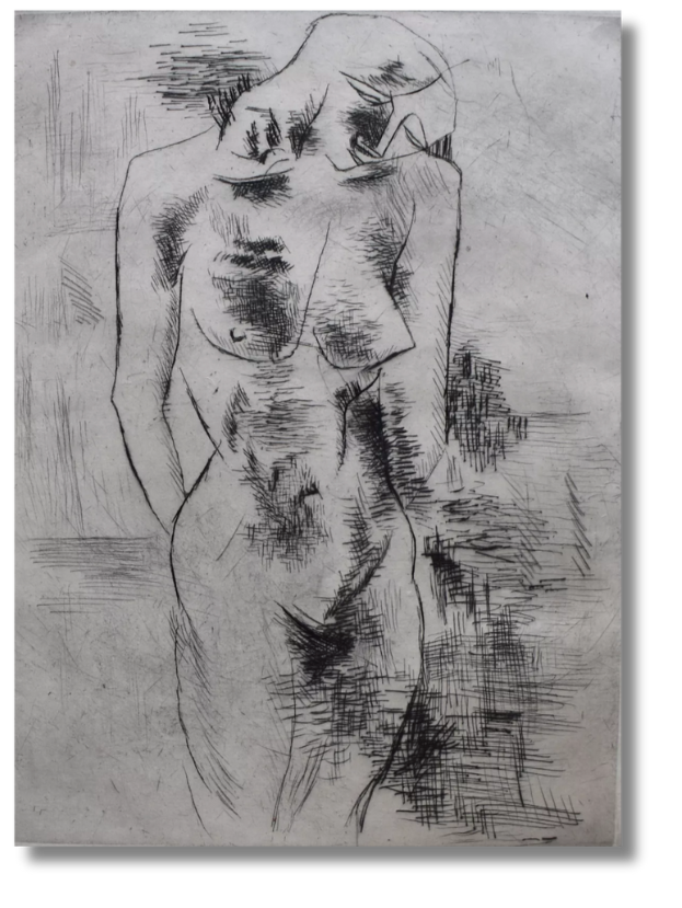 A raw and expressive etching of a female nude, stripped to its essential lines, capturing the French commitment to form, sensuality, and introspection.