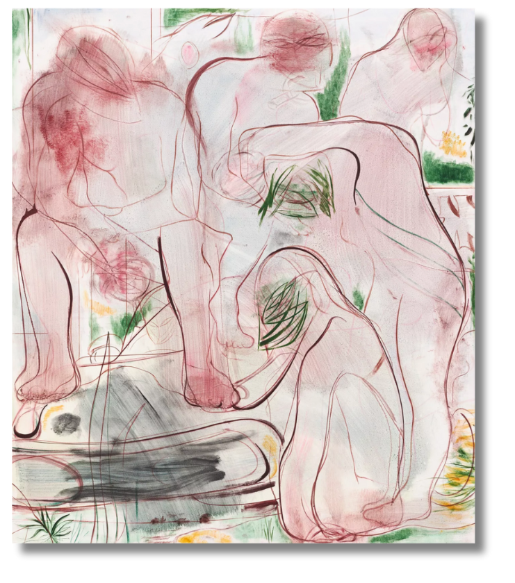 A semi-figurative painting with overlapping translucent figures outlined in soft pink and green, engaged in quiet gestures.