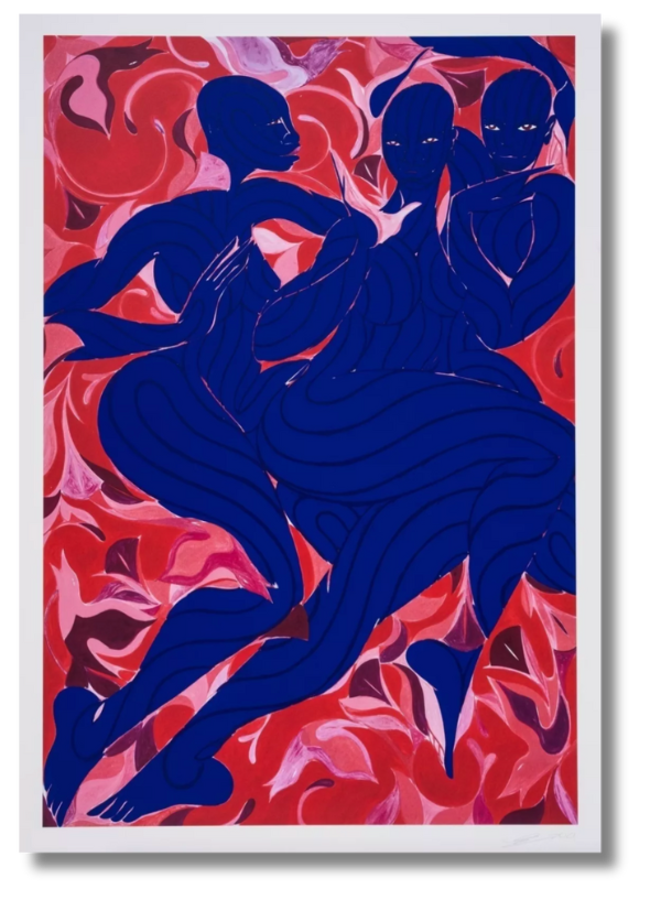 A graphic illustration of three intertwined deep blue silhouettes dancing over a swirling red and pink marbled background.