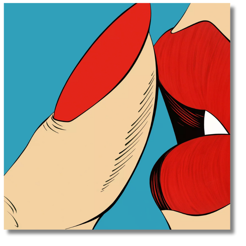 Bold, pop-art graphic of red lips and fingernail by a British contemporary artist, showcasing the graphic language of modern British art.